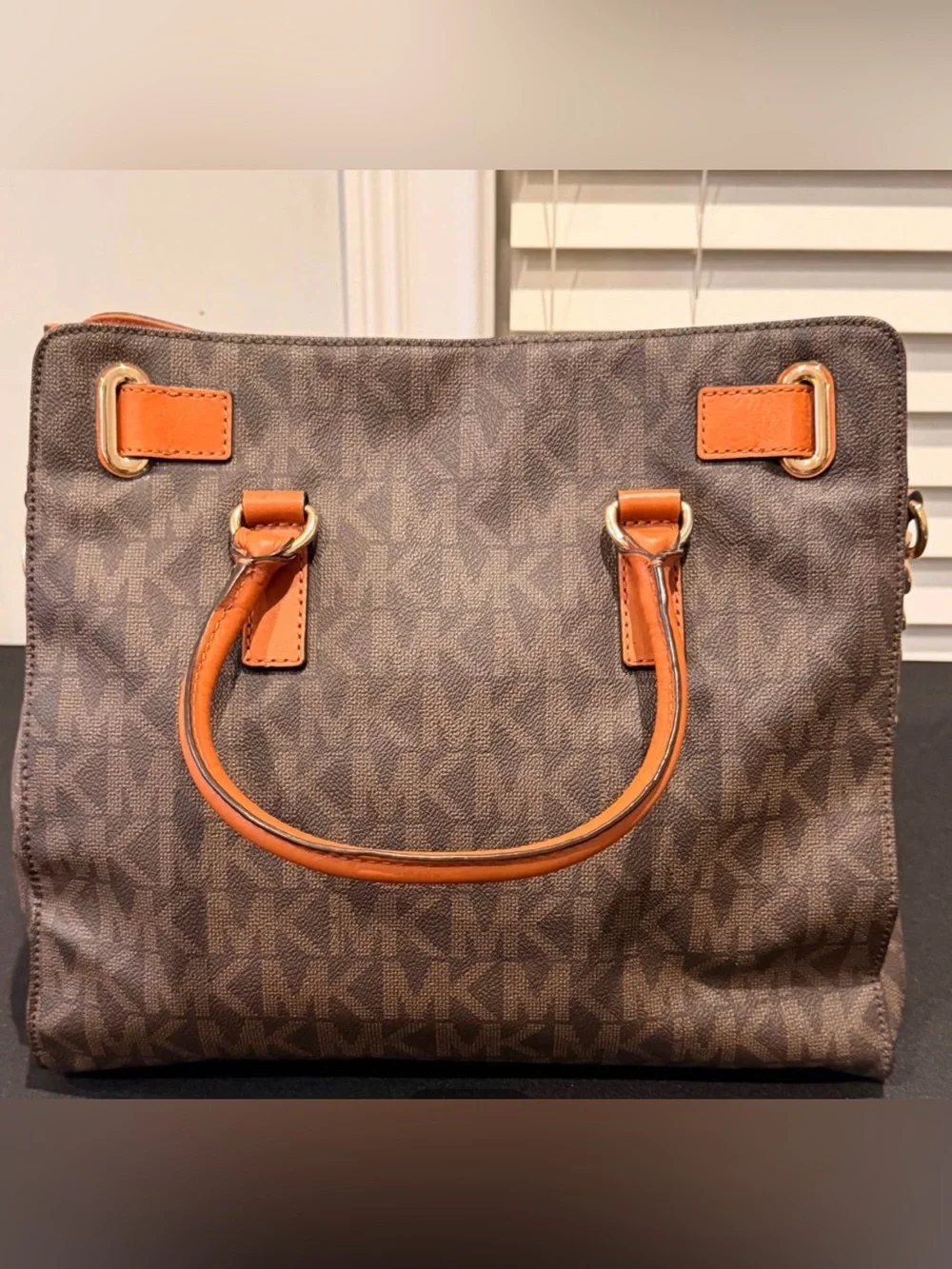 Michael Kors Brown and Orange Logo Satchel with Gold Hardware